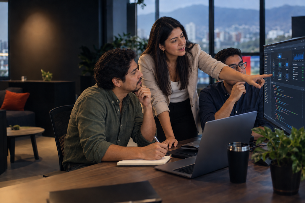 Escena de concepto: personas revisando una solución digital